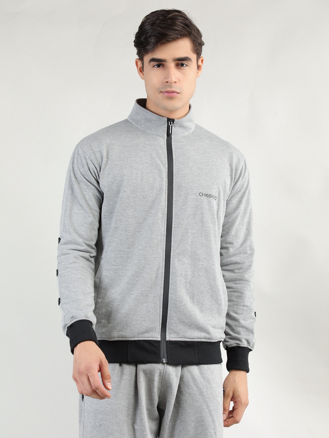 

CHKOKKO Men Grey Cotton Outdoor Sporty Jacket