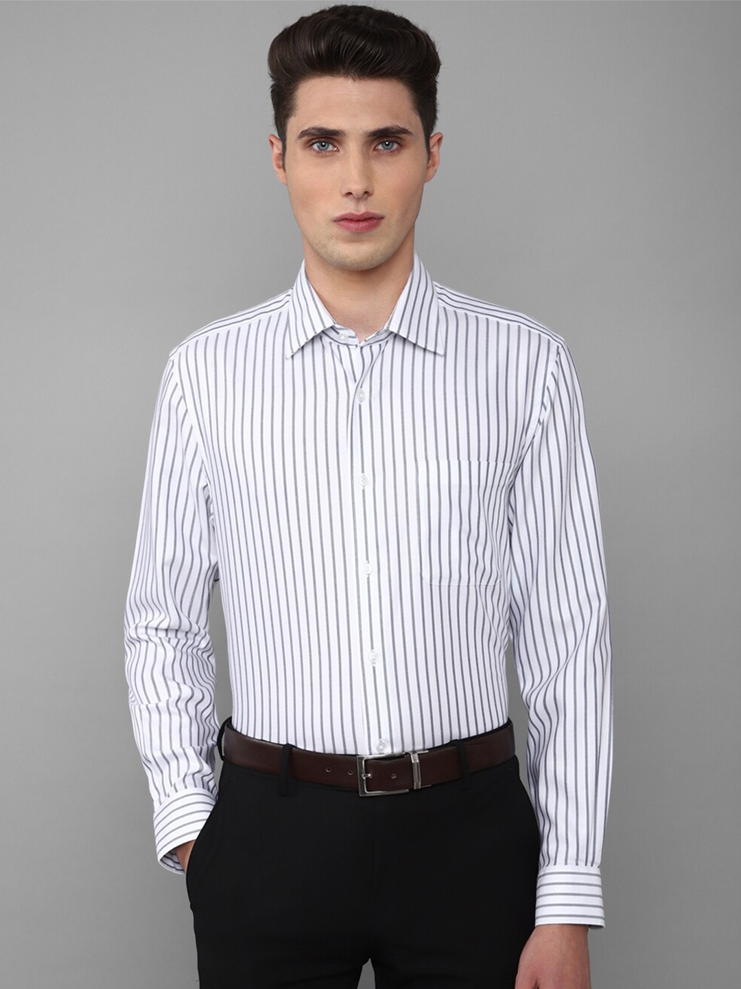 

Louis Philippe Men Grey Slim Fit Striped Pure Cotton Formal Shirt