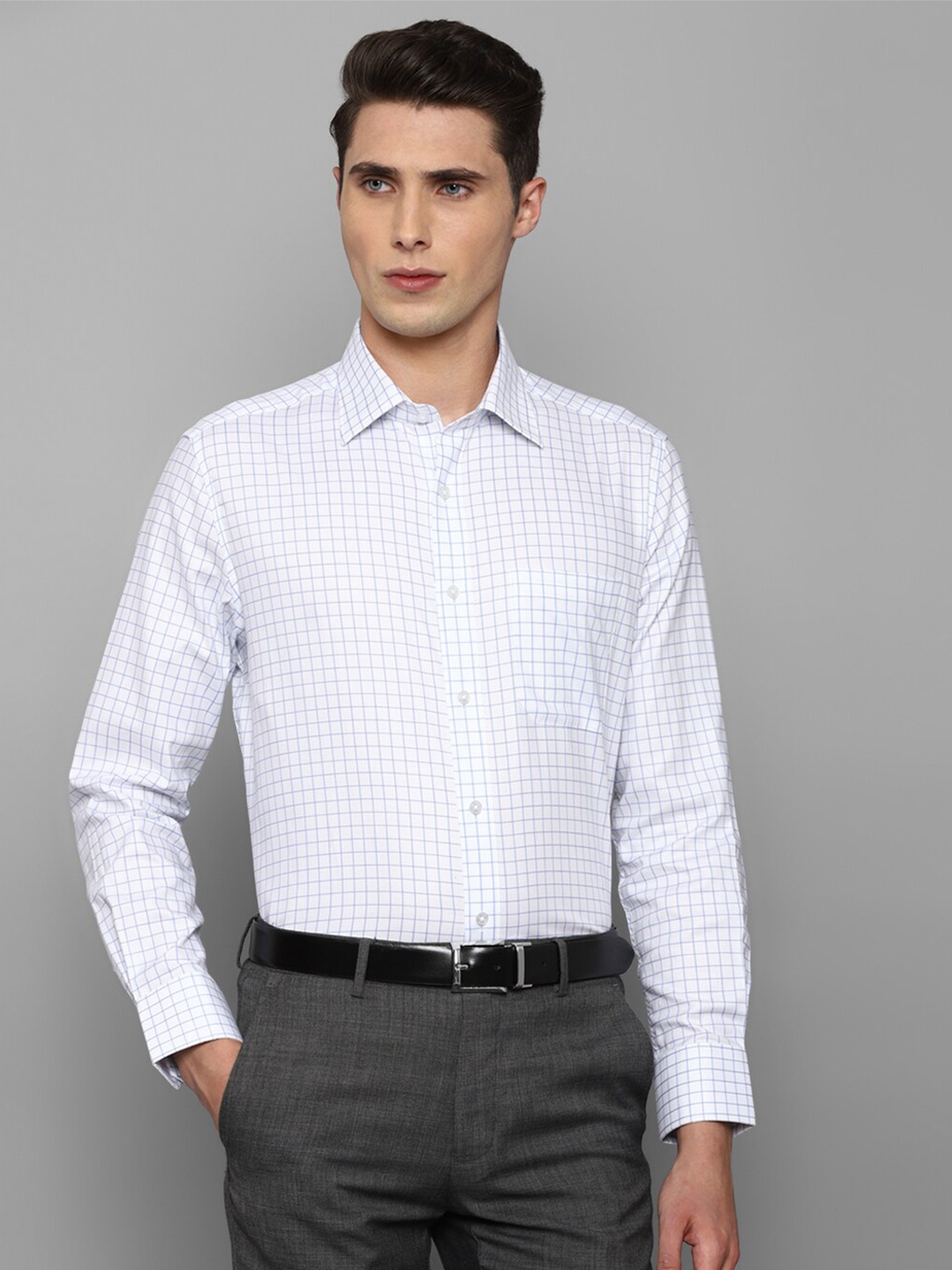 

Louis Philippe Men White Cotton Slim Fit Grid Tattersall Checks Checked Formal Shirt