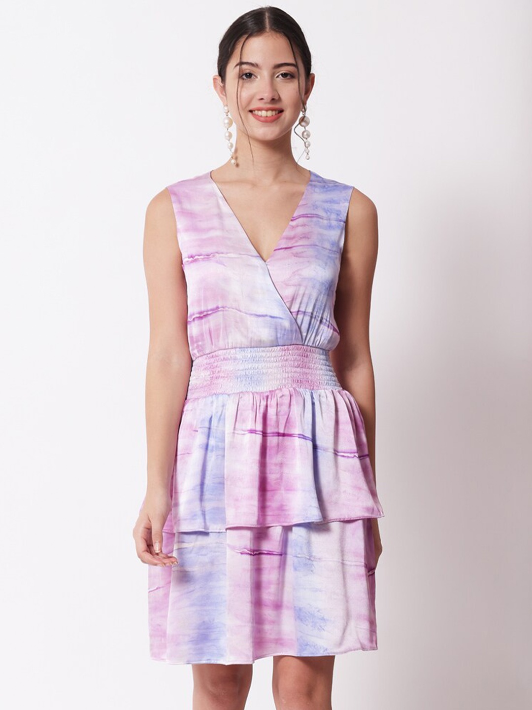 

CHARMGAL Women Pink & Blue Tie and Dye Dyed Layered Satin Dress
