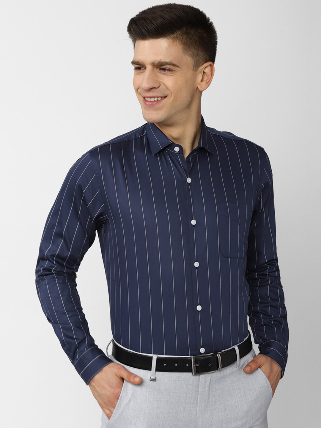 

Peter England Elite Men Navy Blue Striped Pure Cotton Formal Shirt