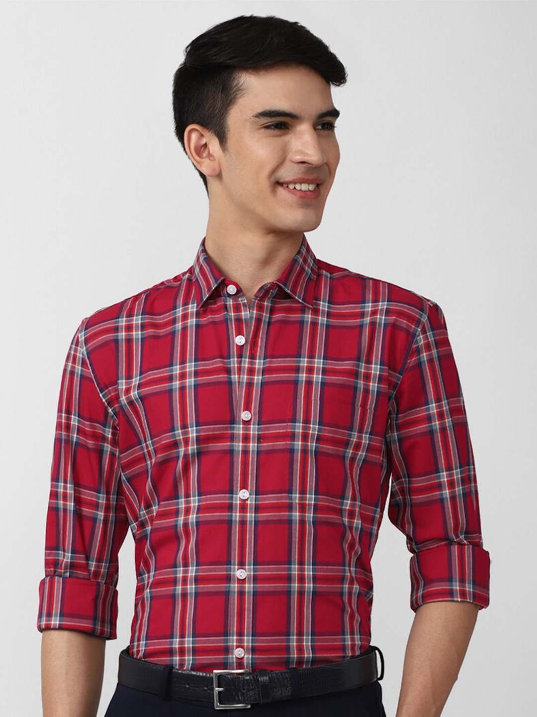 

Peter England Elite Men Red Slim Fit Tartan Checked Pure Cotton Formal Shirt