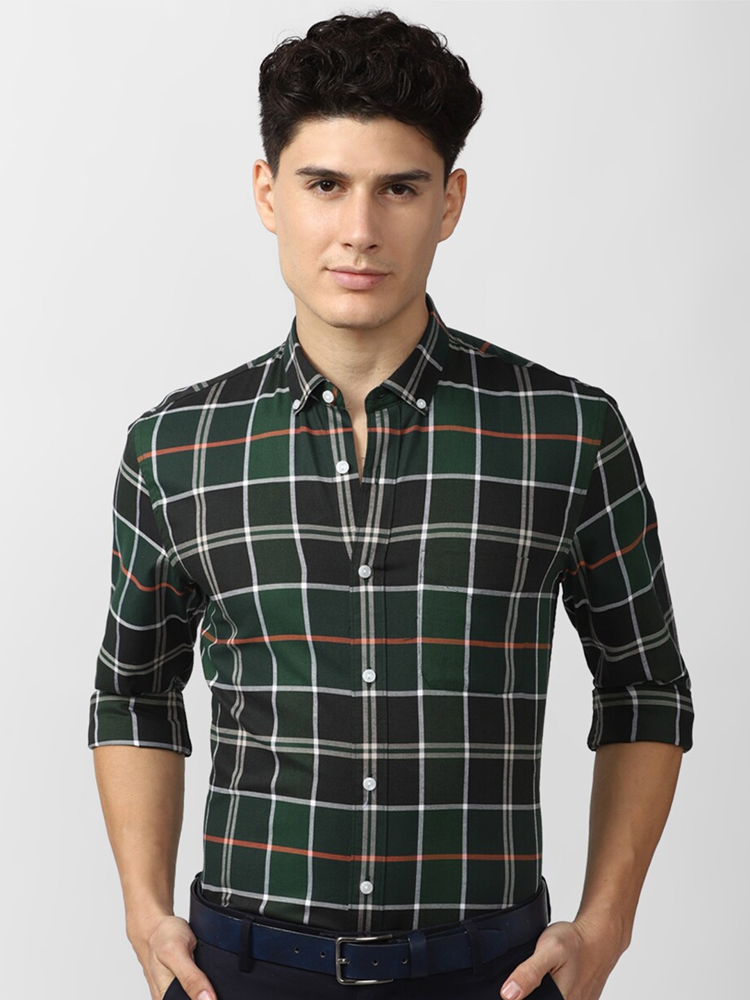 

Peter England Elite Men Green Slim Fit Checked Cotton Casual Shirt