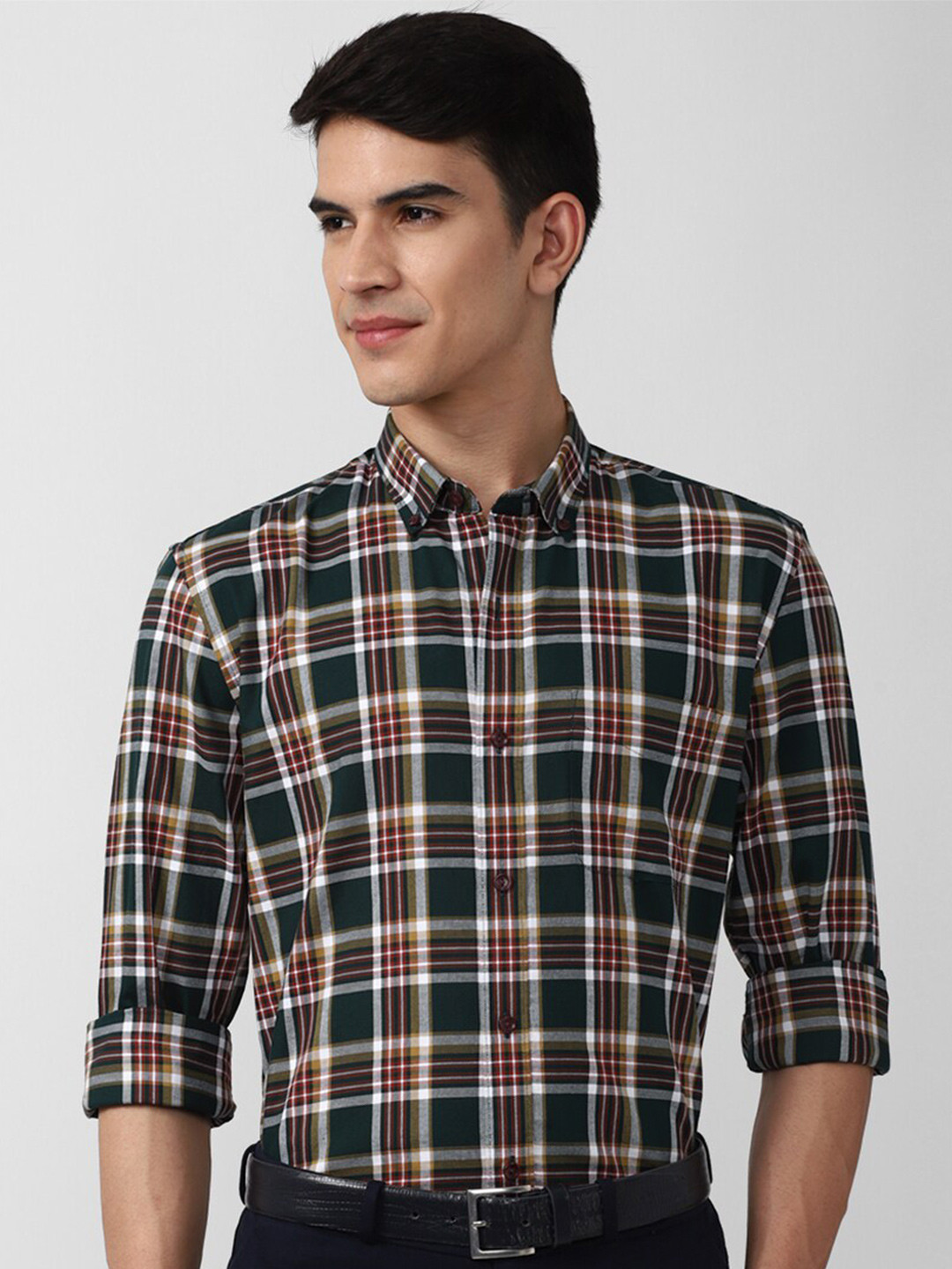 

Peter England Elite Men Green Slim Fit Tartan Checks Pure Cotton Casual Shirt