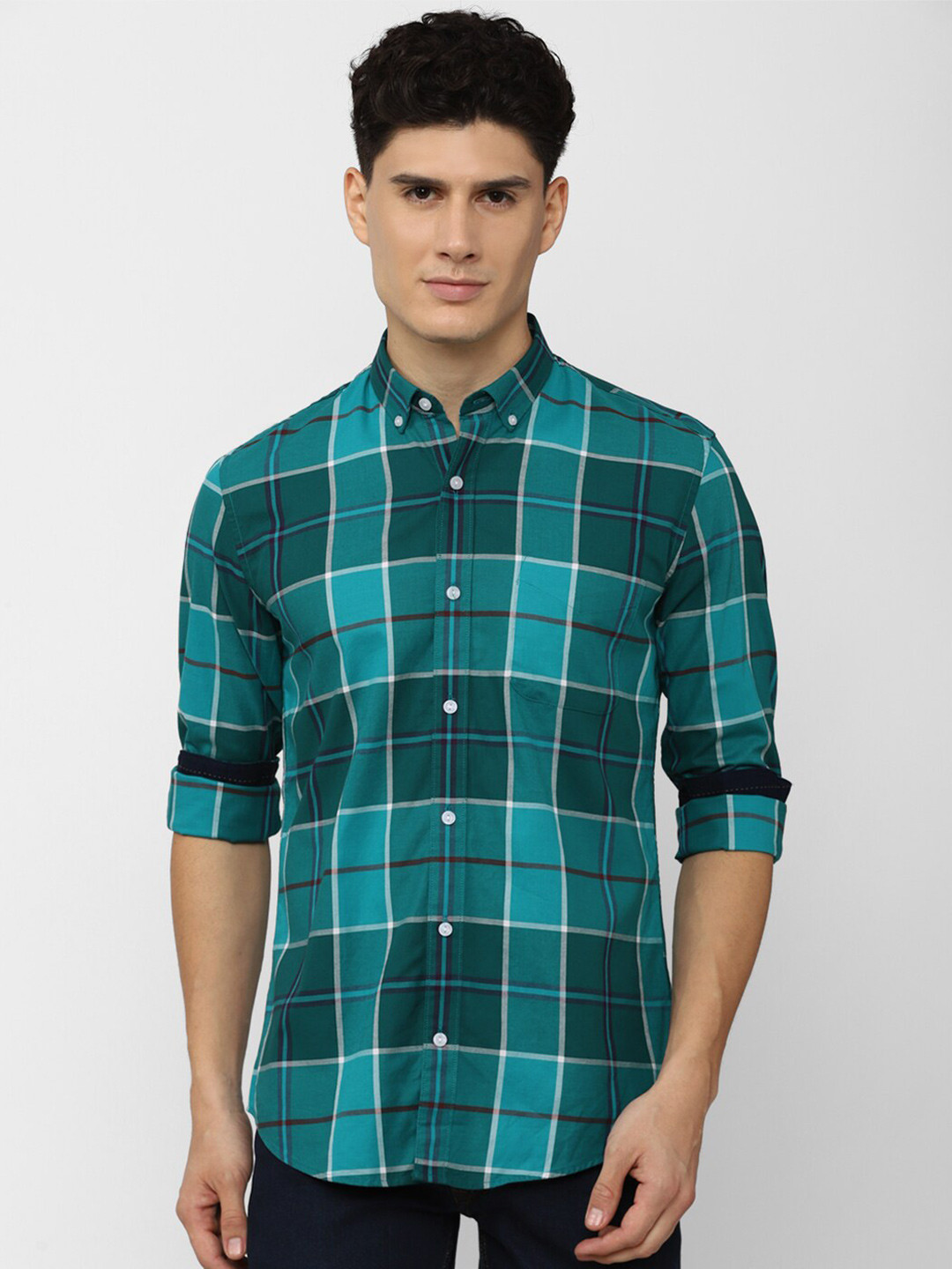 

Peter England Elite Men Green & Teal Green Slim Fit Checked Pure Cotton Casual Shirt