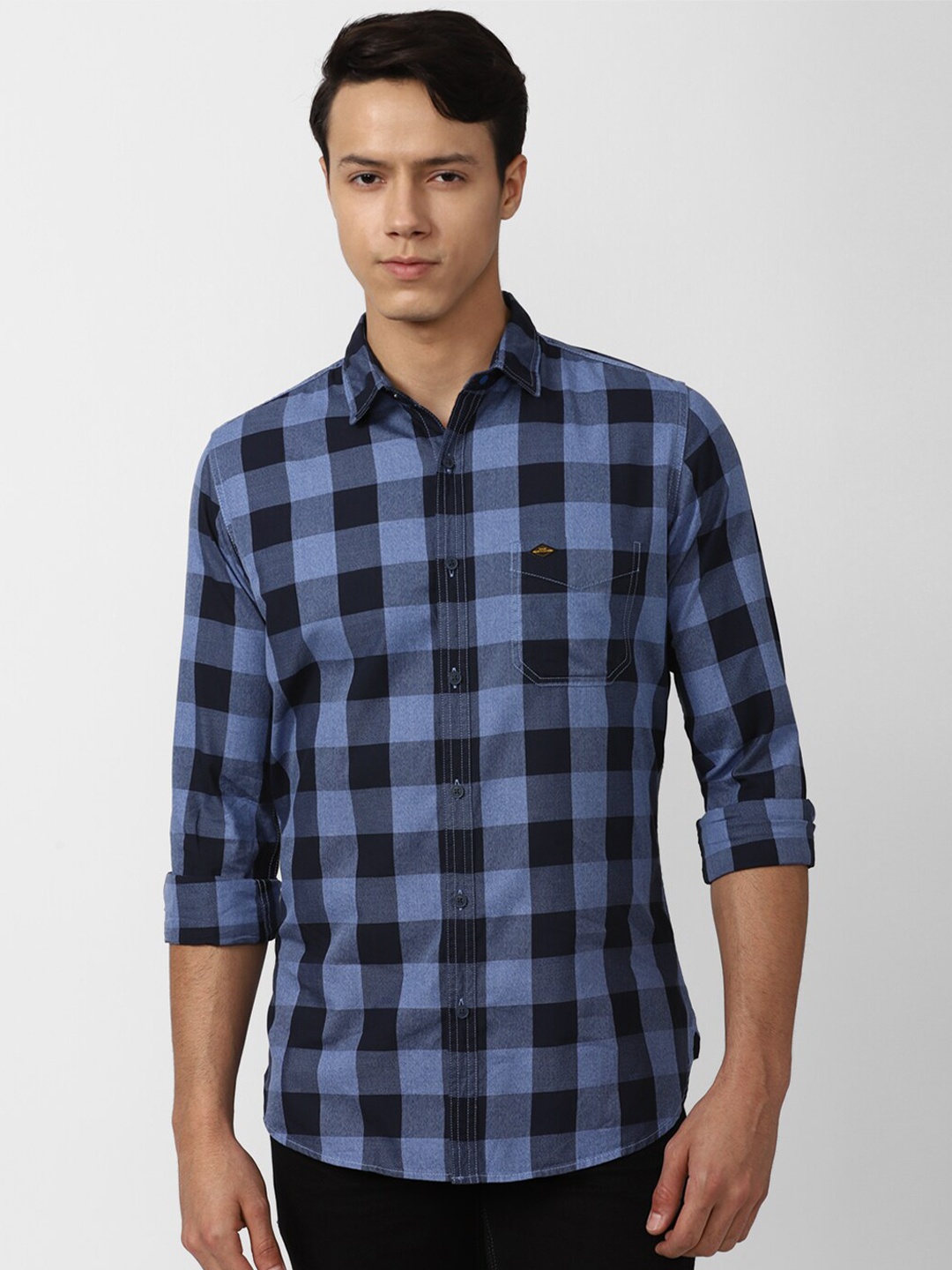 

VAN HEUSEN DENIM LABS Men Blue Slim Fit Buffalo Checks Checked Casual Shirt