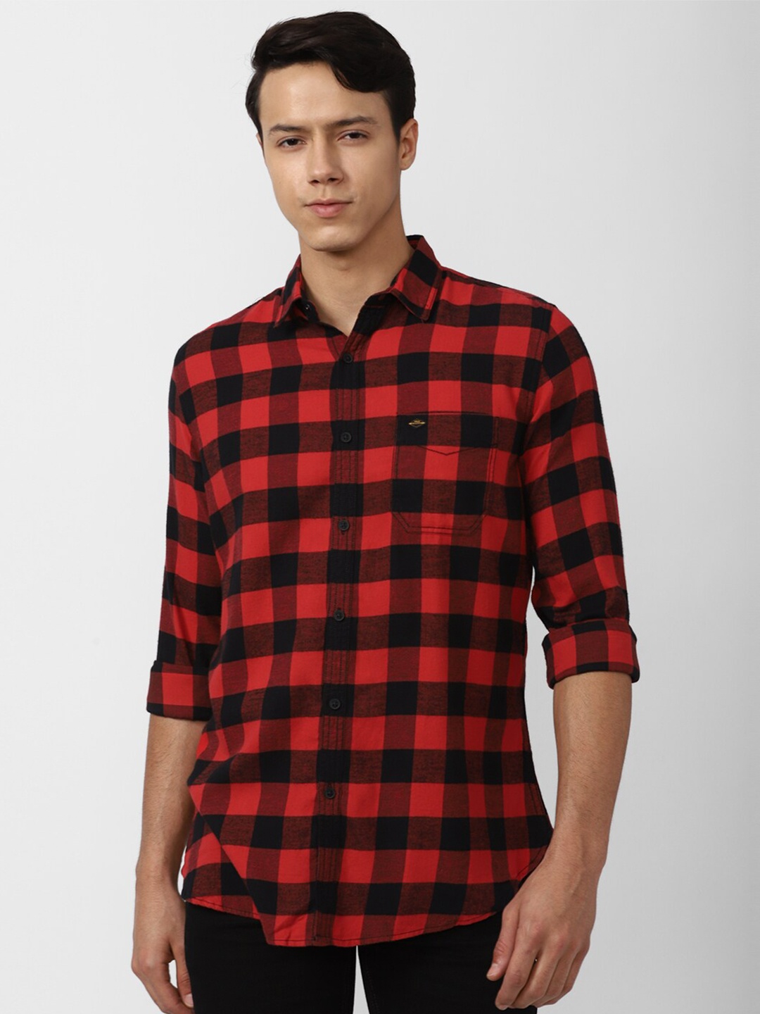 

VAN HEUSEN DENIM LABS Men Red Slim Fit Buffalo Checks Checked Pure Cotton Casual Shirt