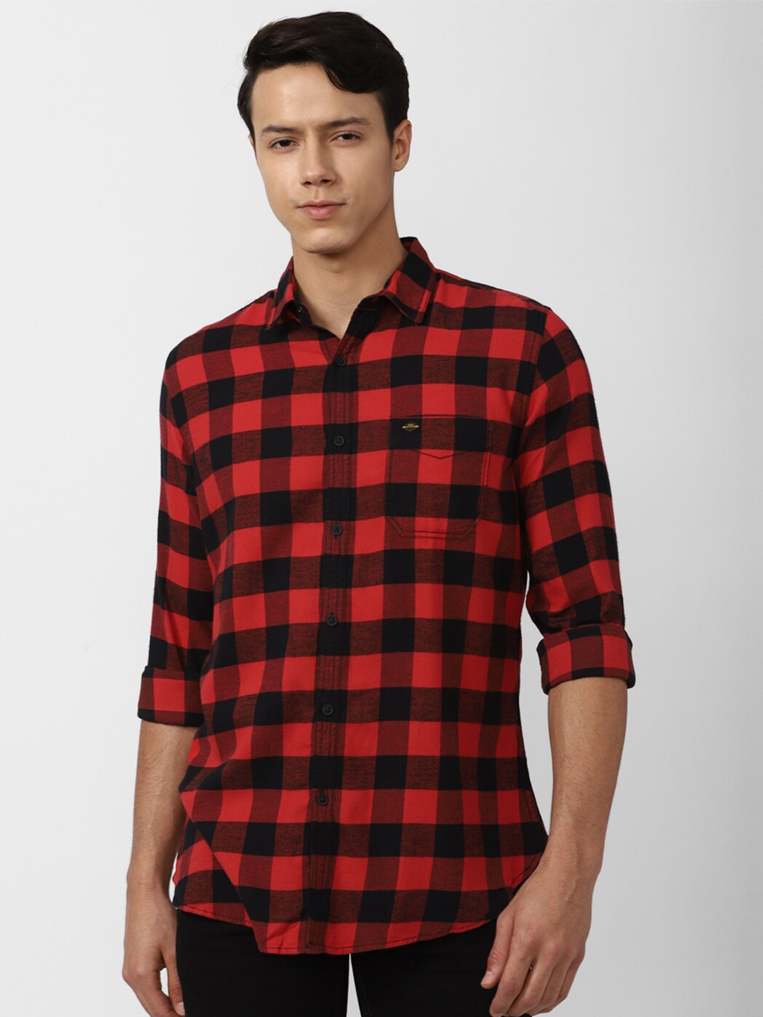 

VAN HEUSEN DENIM LABS Men Red & Black Pure Cotton Buffalo Checks Checked Casual Shirt