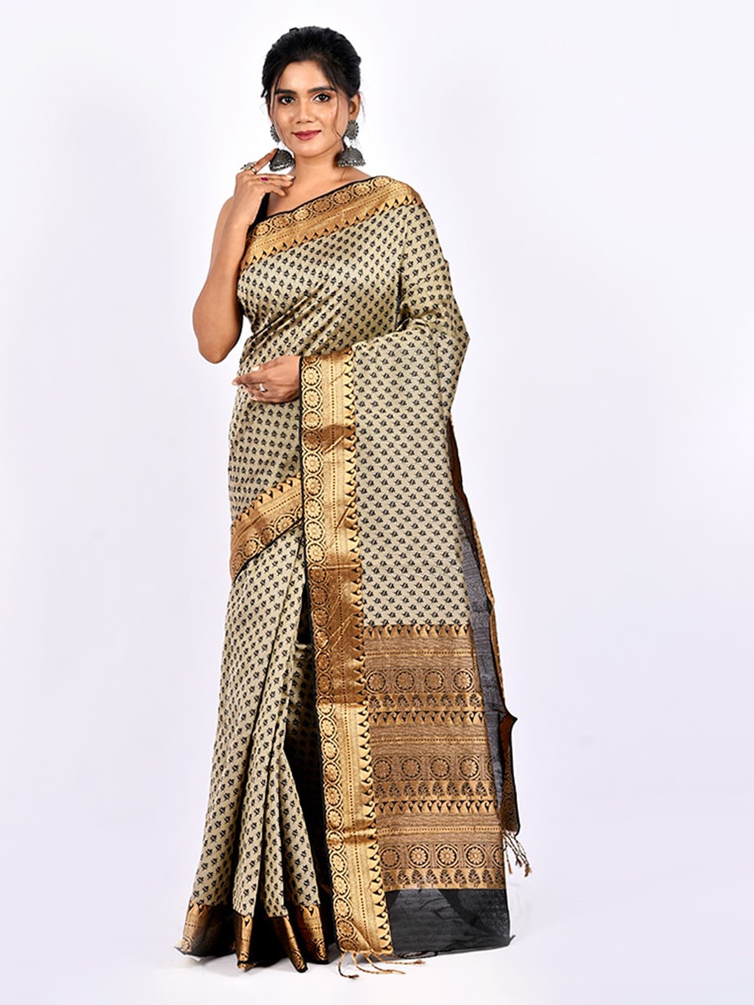 

AllSilks Cream-Coloured & Black Woven Design Saree