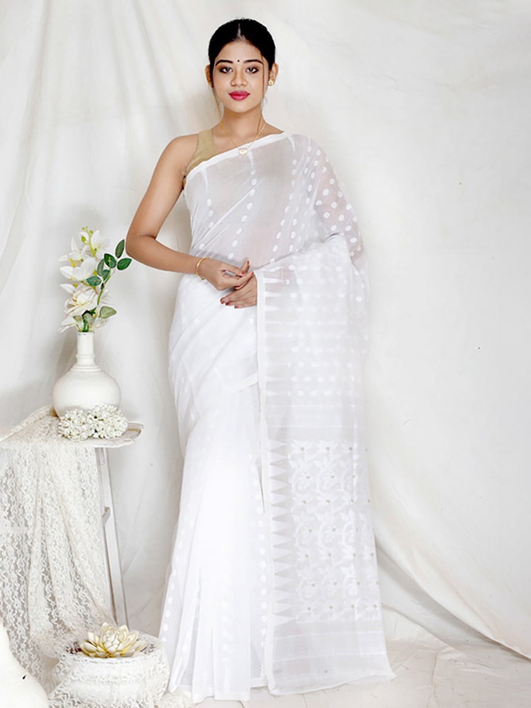 

AllSilks White Ethnic Motifs Saree