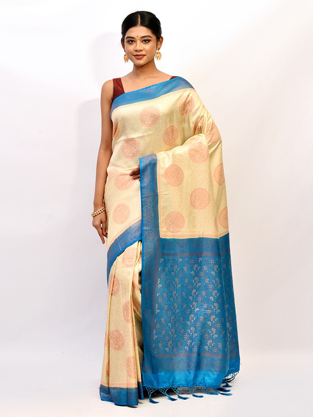 

AllSilks Cream-Coloured & Blue Woven Design Art Silk Saree
