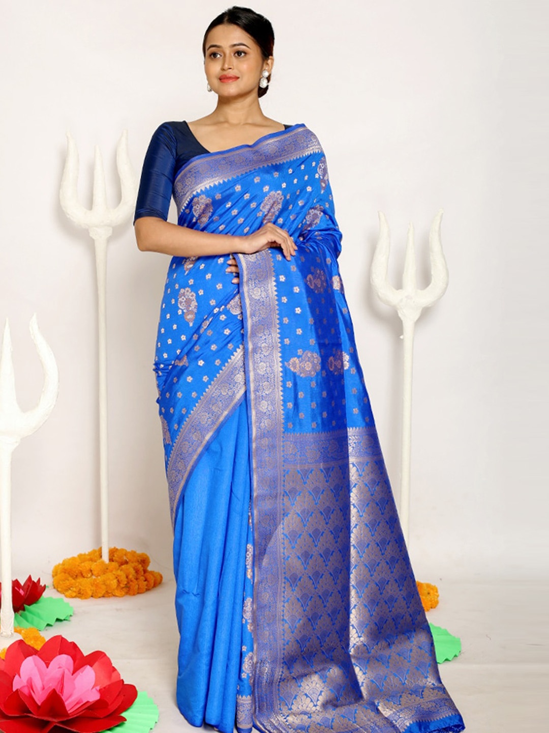 

AllSilks Blue Ethnic Motifs Zari Saree