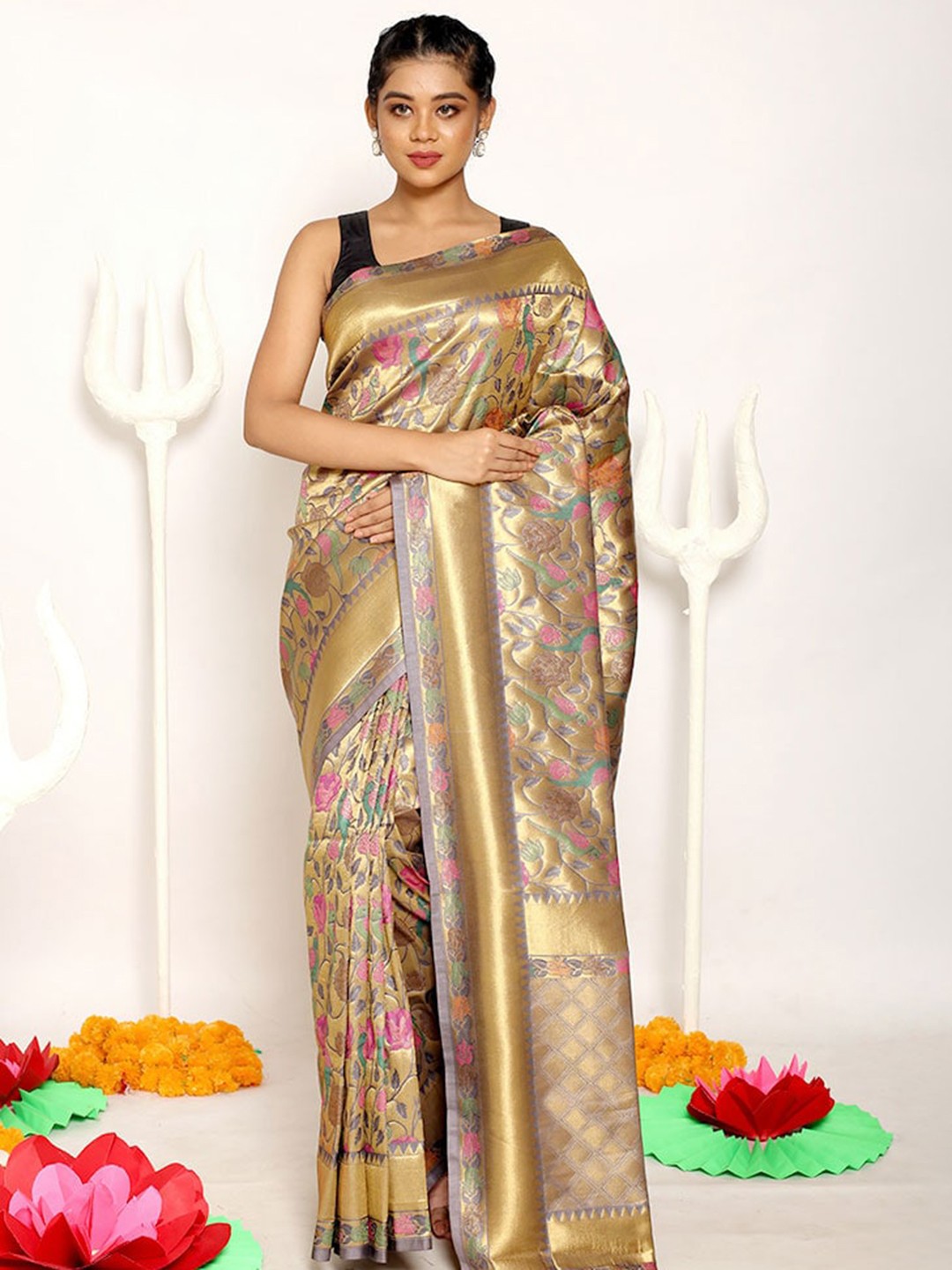 

AllSilks Grey Floral Zari Silk Blend Banarasi Saree