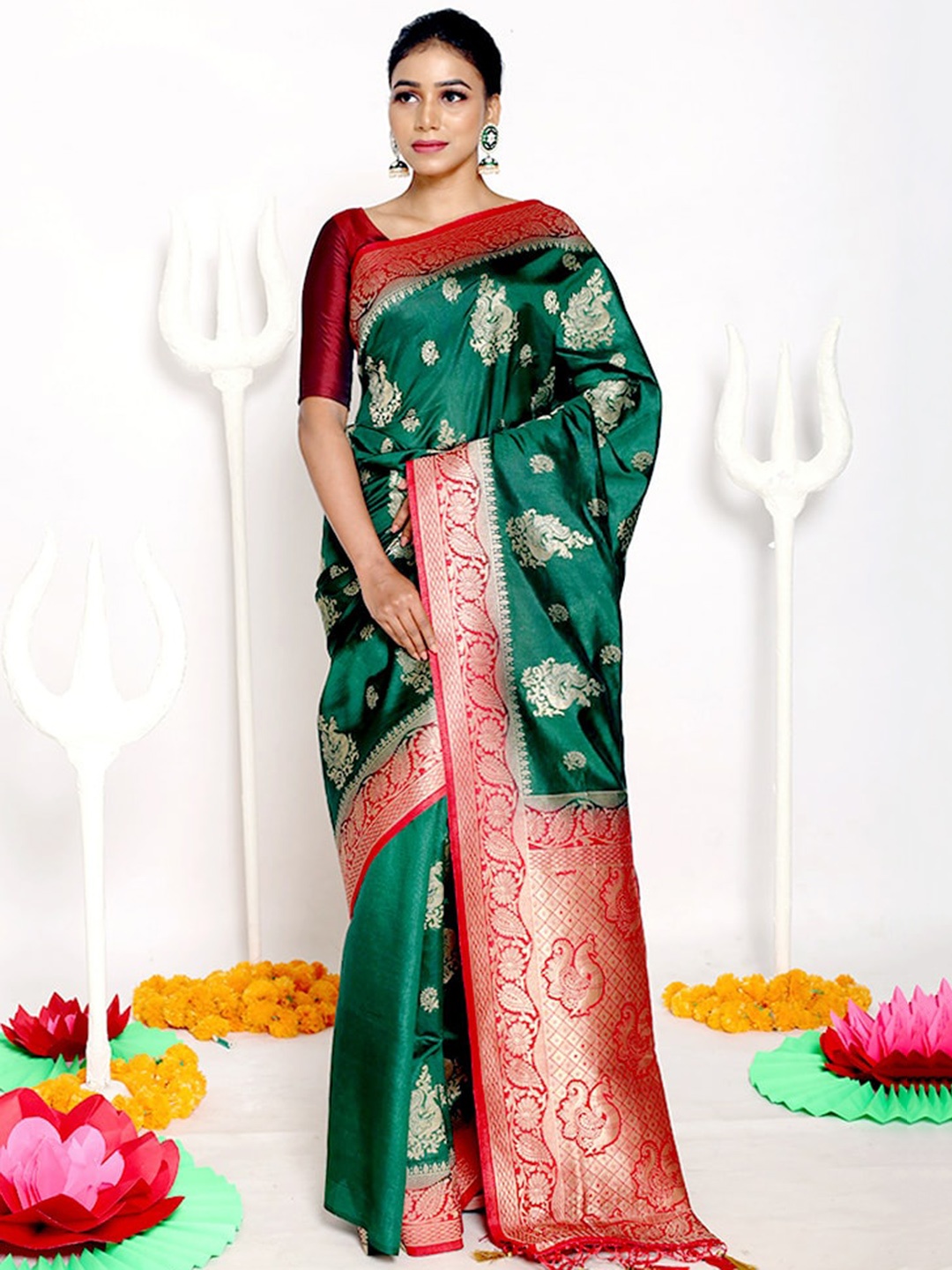 

AllSilks Green & Red Ethnic Motifs Zari Art Silk Saree