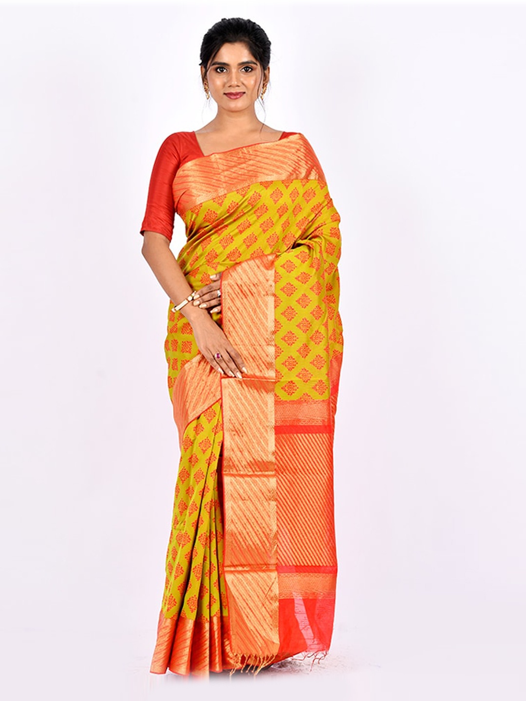 

AllSilks Yellow & Red Ethnic Motifs Zari Saree