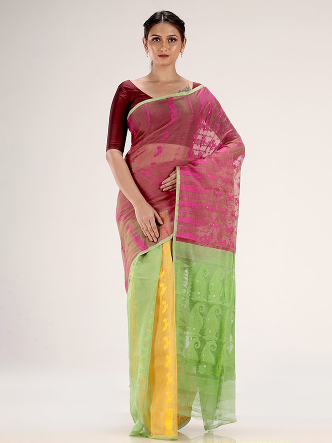 

AllSilks Green & Pink Ethnic Motifs Jamdani Saree