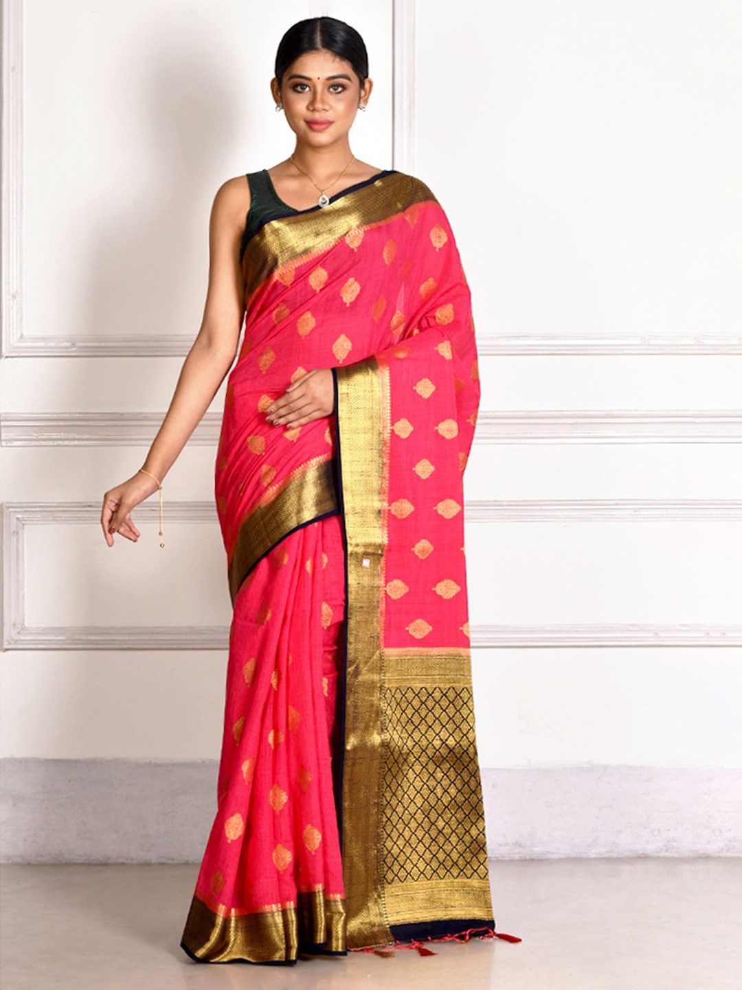 

AllSilks Pink Ethnic Motifs Zari Saree