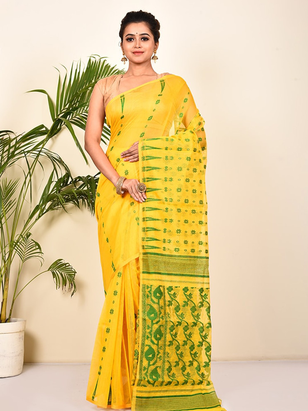 

AllSilks Yellow & Green Ethnic Motifs Saree