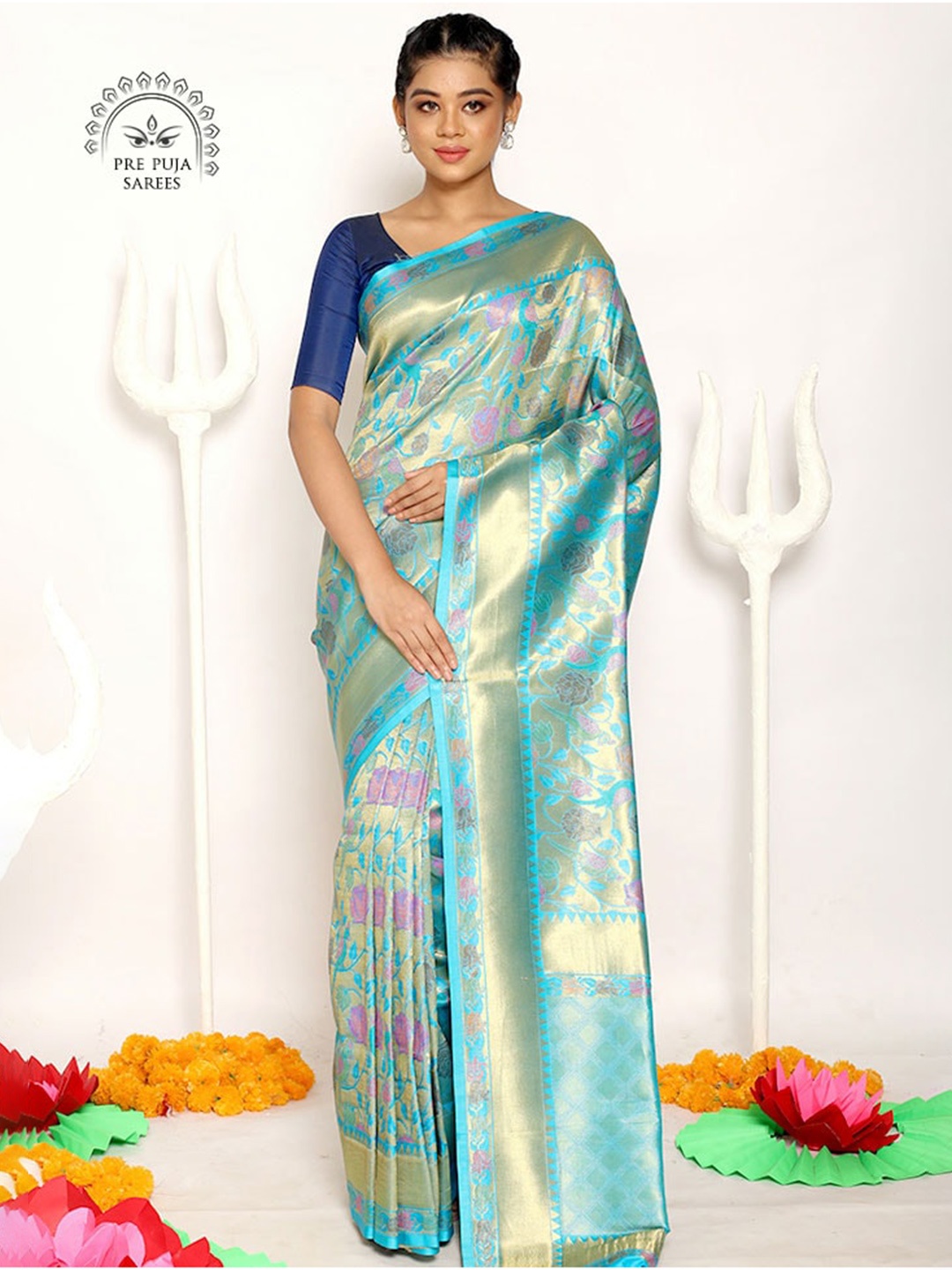 

AllSilks Blue & Pink Floral Art Silk Saree