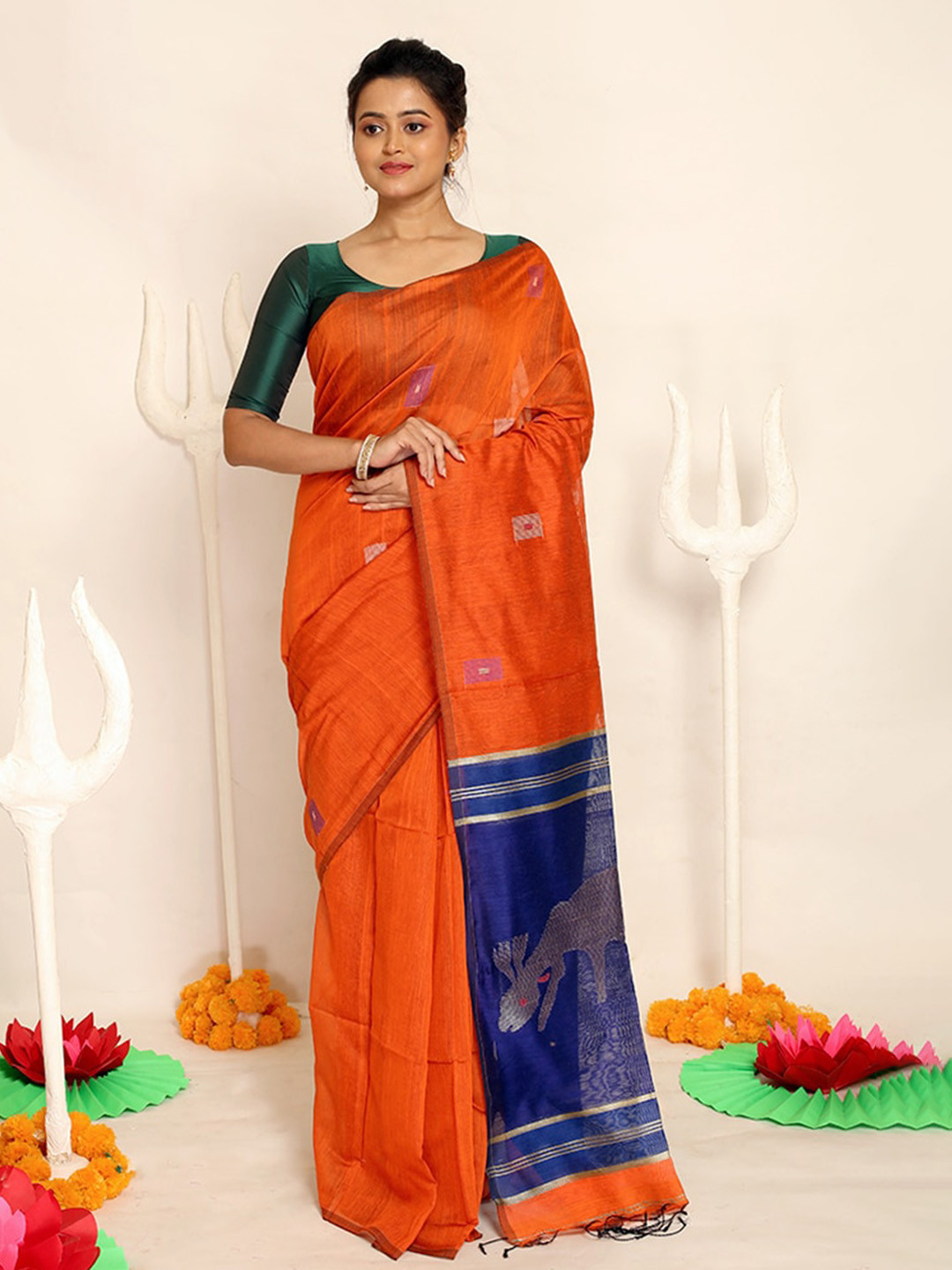 

AllSilks Orange & Navy Blue Woven Design Art Silk Saree