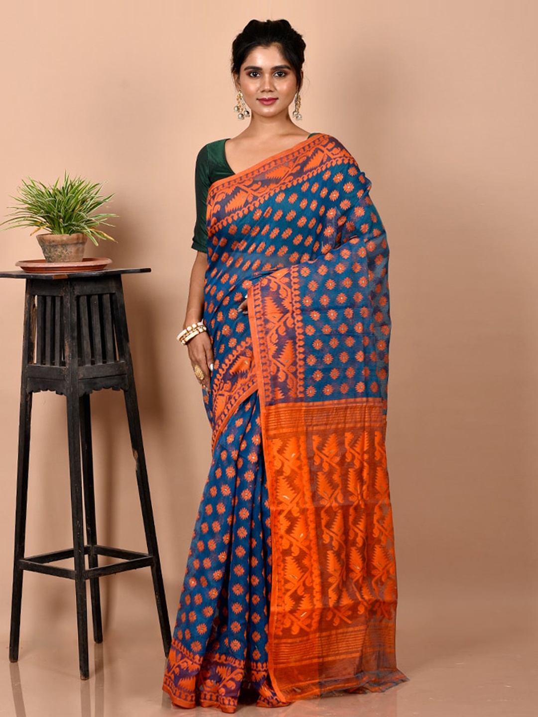 

AllSilks Blue Ethnic Motifs Pure Cotton Jamdani Saree