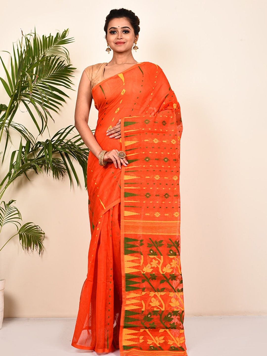 

AllSilks Orange Ethnic Motifs Pure Cotton Taant Saree