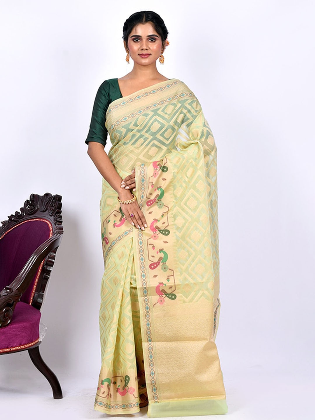 

AllSilks Green Ethnic Motifs Saree