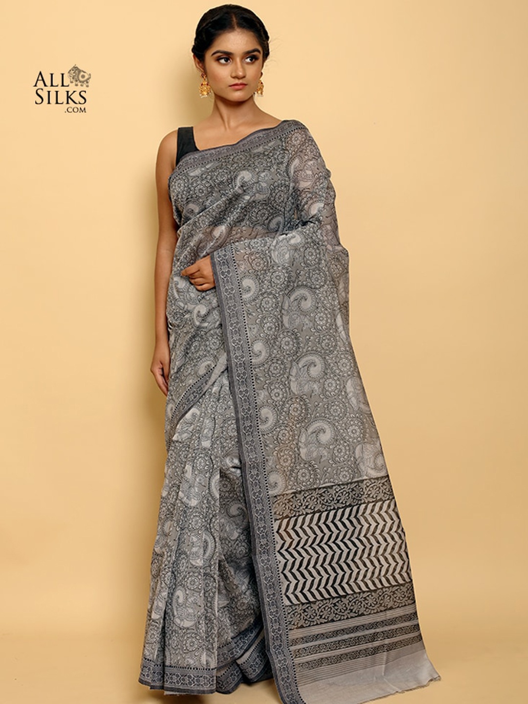 

AllSilks Grey & Black Paisley Saree