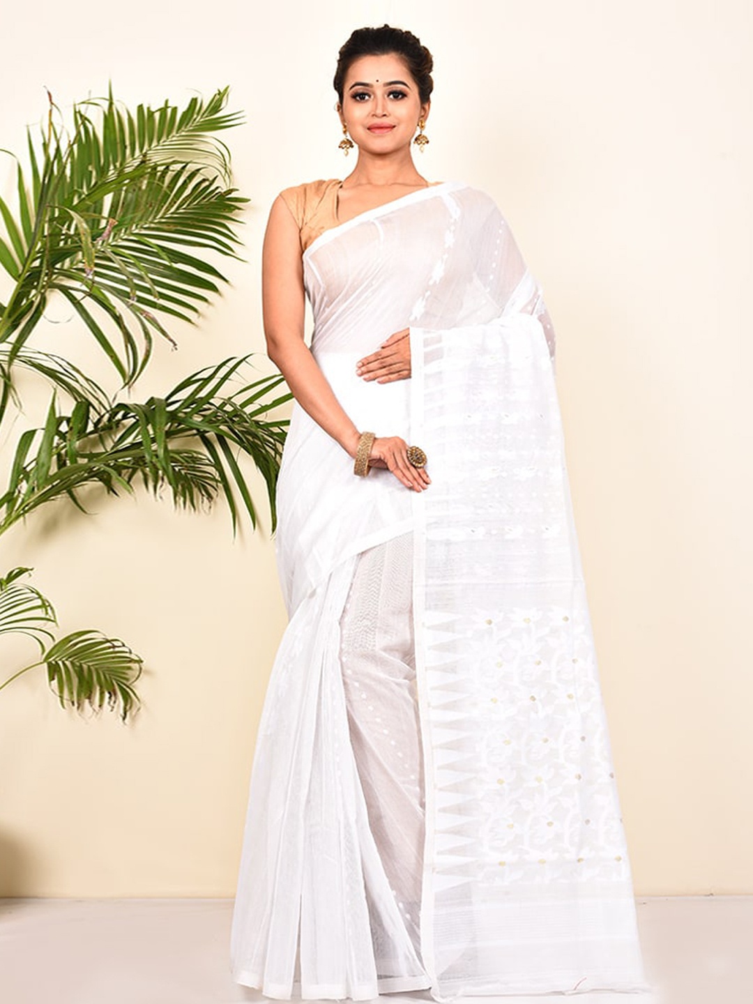 

AllSilks White Woven Design Taant Saree