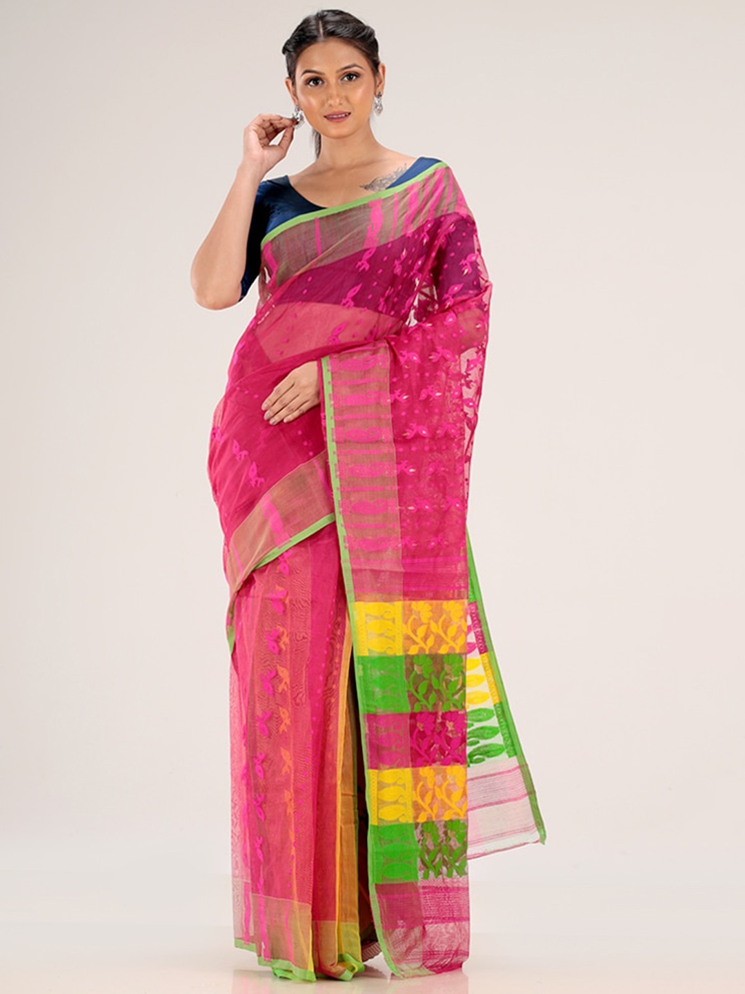 

AllSilks Pink Ethnic Motifs Pure Cotton Jamdani Saree