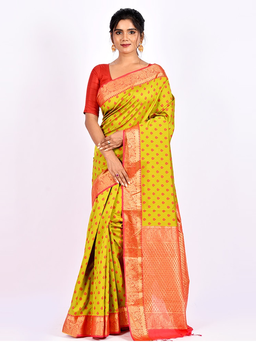 

AllSilks Lime Green & Red Ethnic Motifs Saree