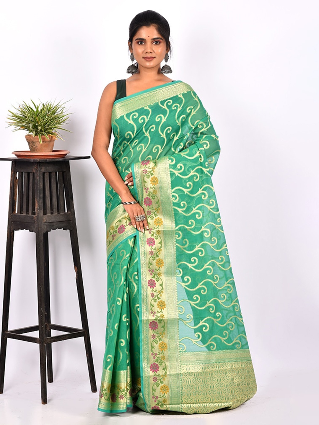 

AllSilks Green Ethnic Motifs Zari Saree