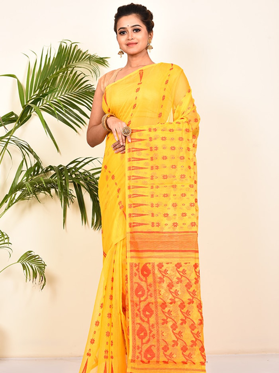 

AllSilks Yellow & Red Ethnic Motifs Saree