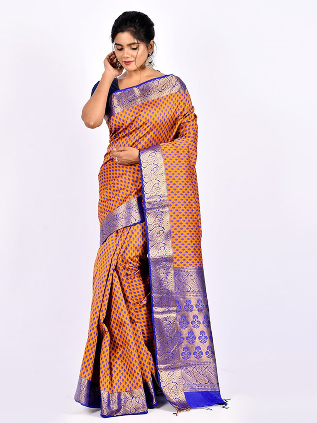

AllSilks Orange & Blue Ethnic Motifs Saree