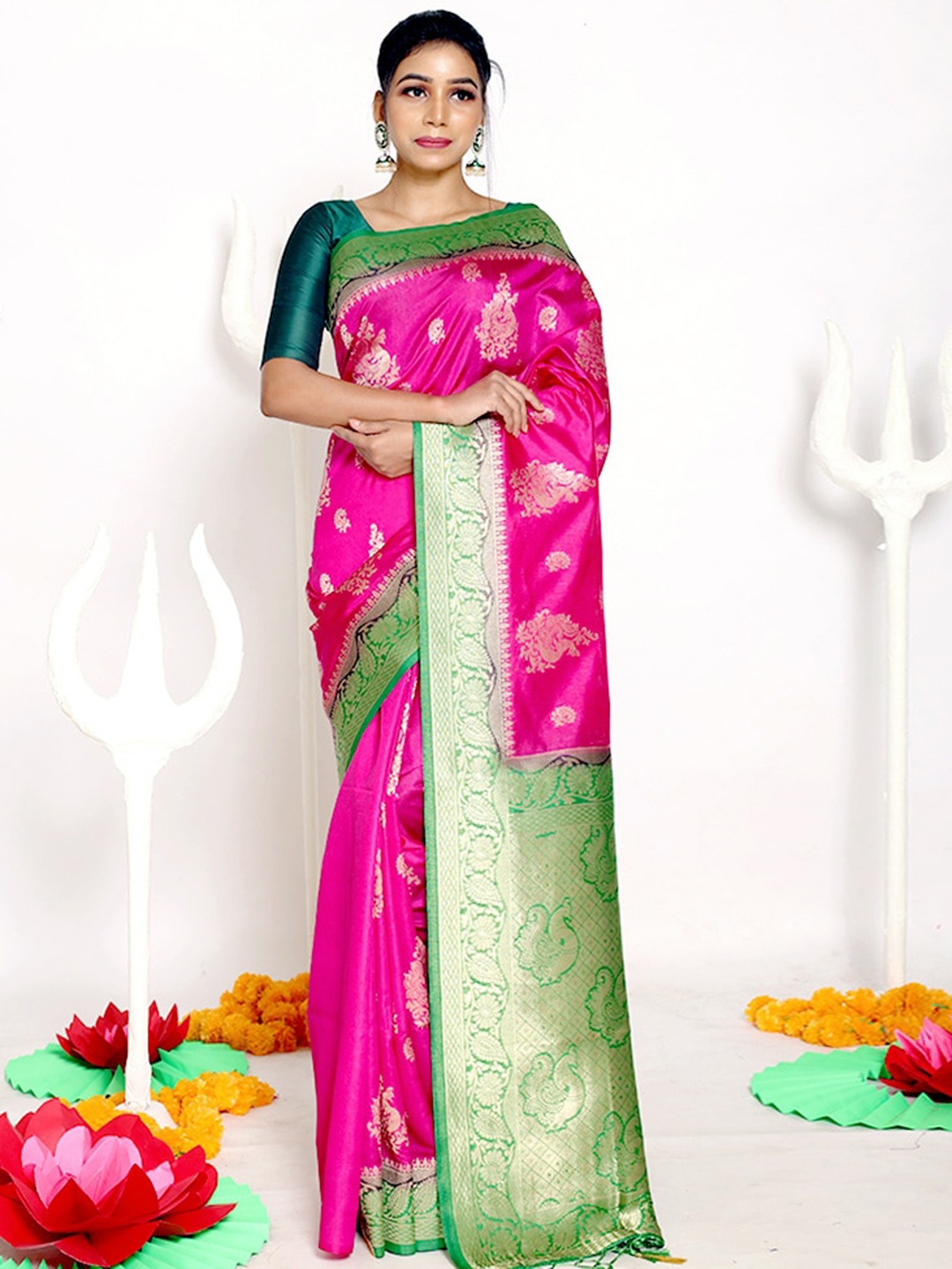 

AllSilks Pink & Green Ethnic Motifs Zari Silk Blend Saree