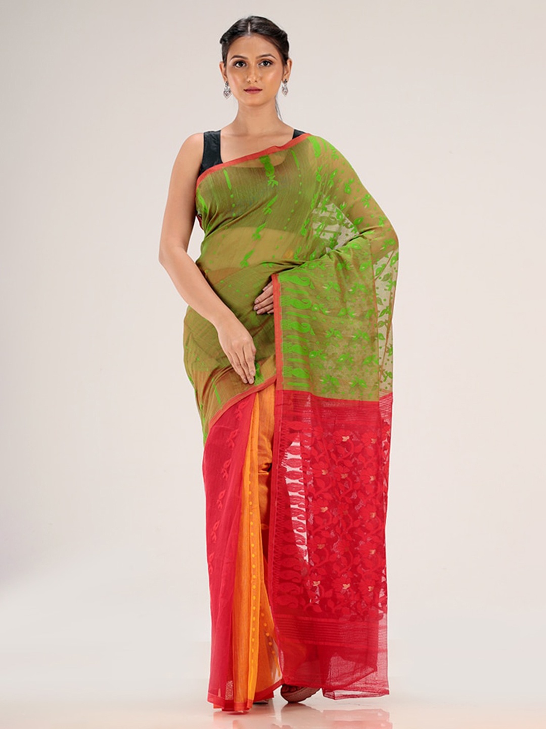 

AllSilks Red & Green Woven Design Jamdani Saree