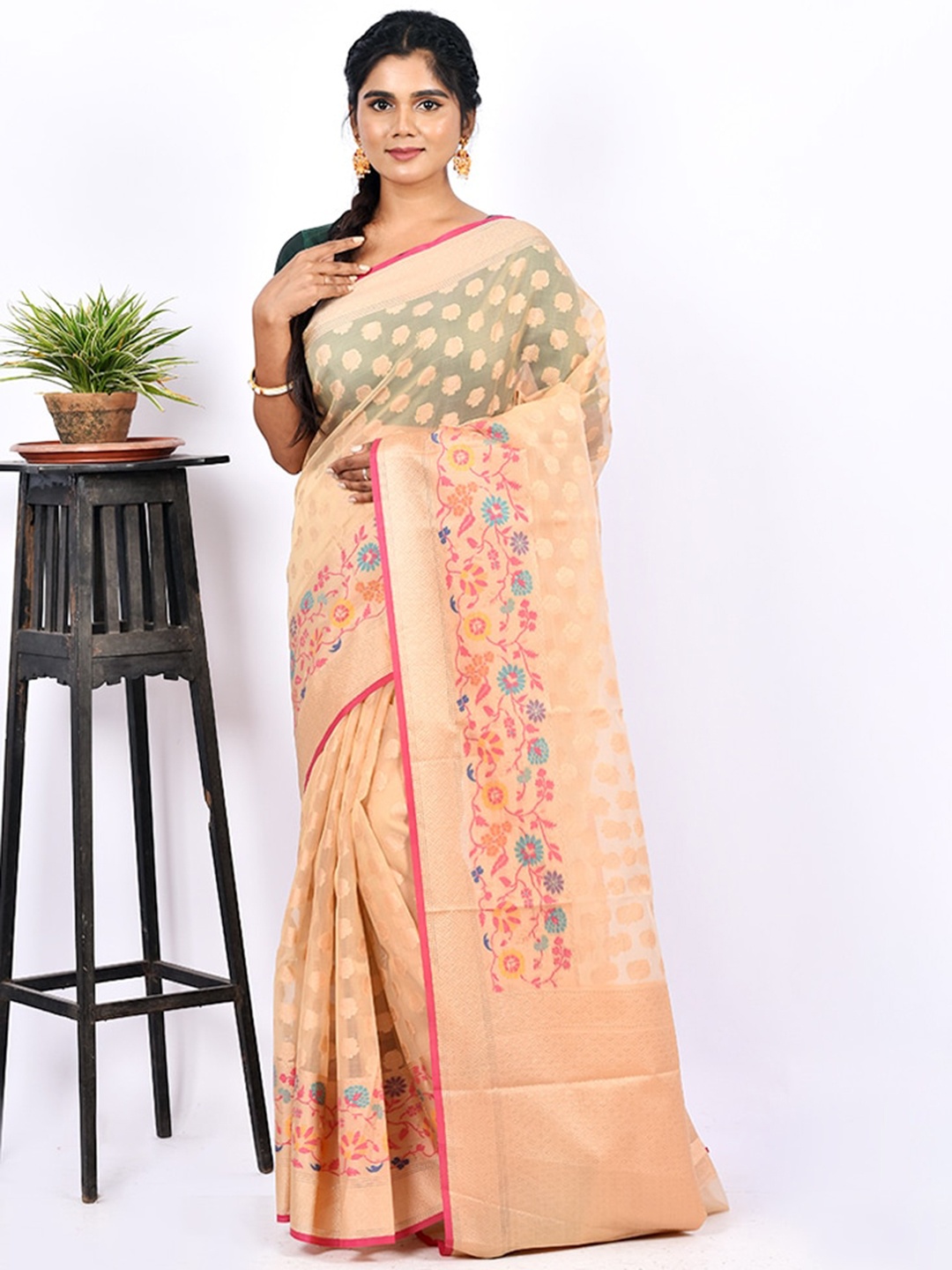 

AllSilks Cream-Coloured Ethnic Motifs Saree