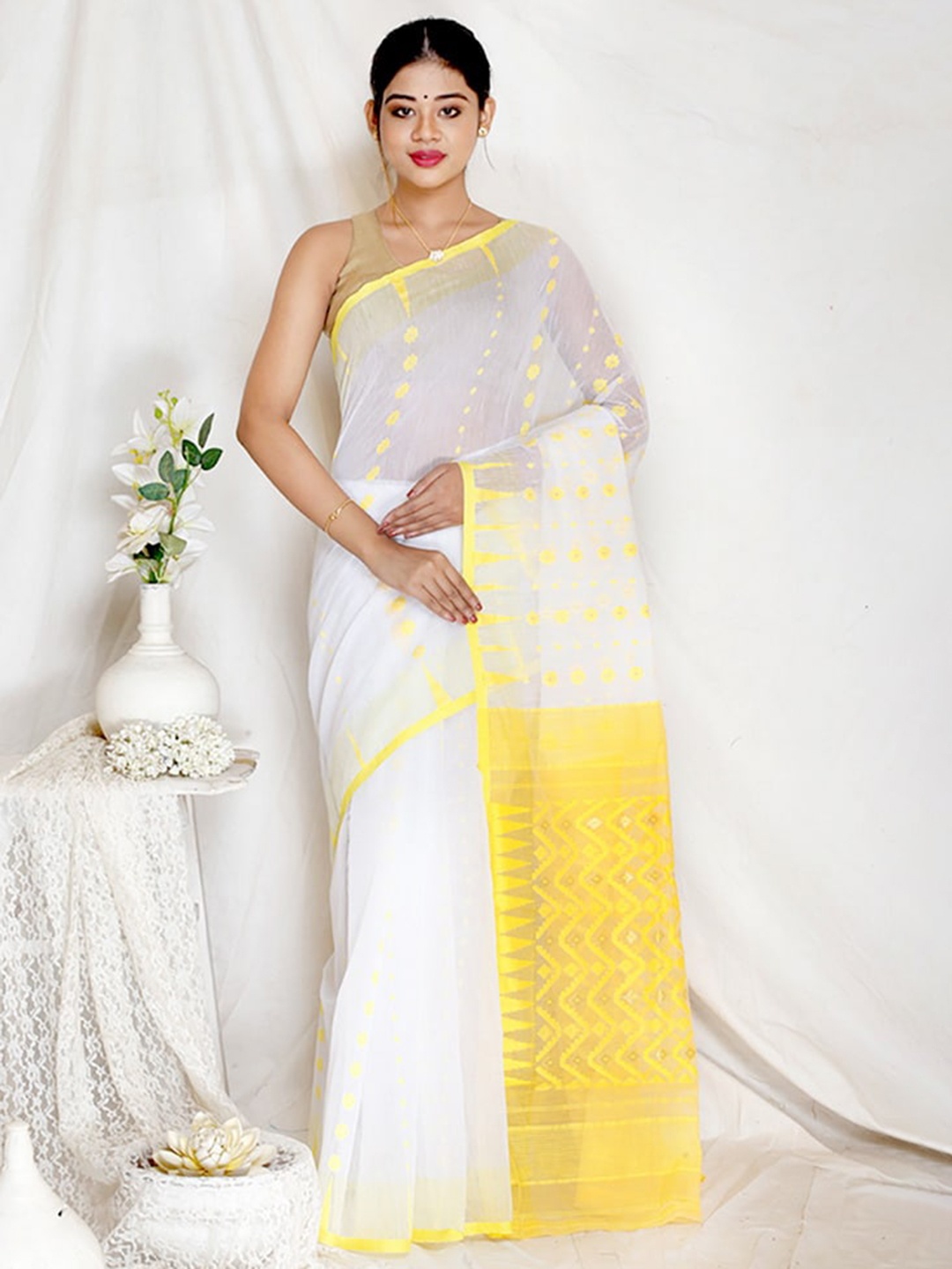 

AllSilks White & Yellow Ethnic Motifs Saree