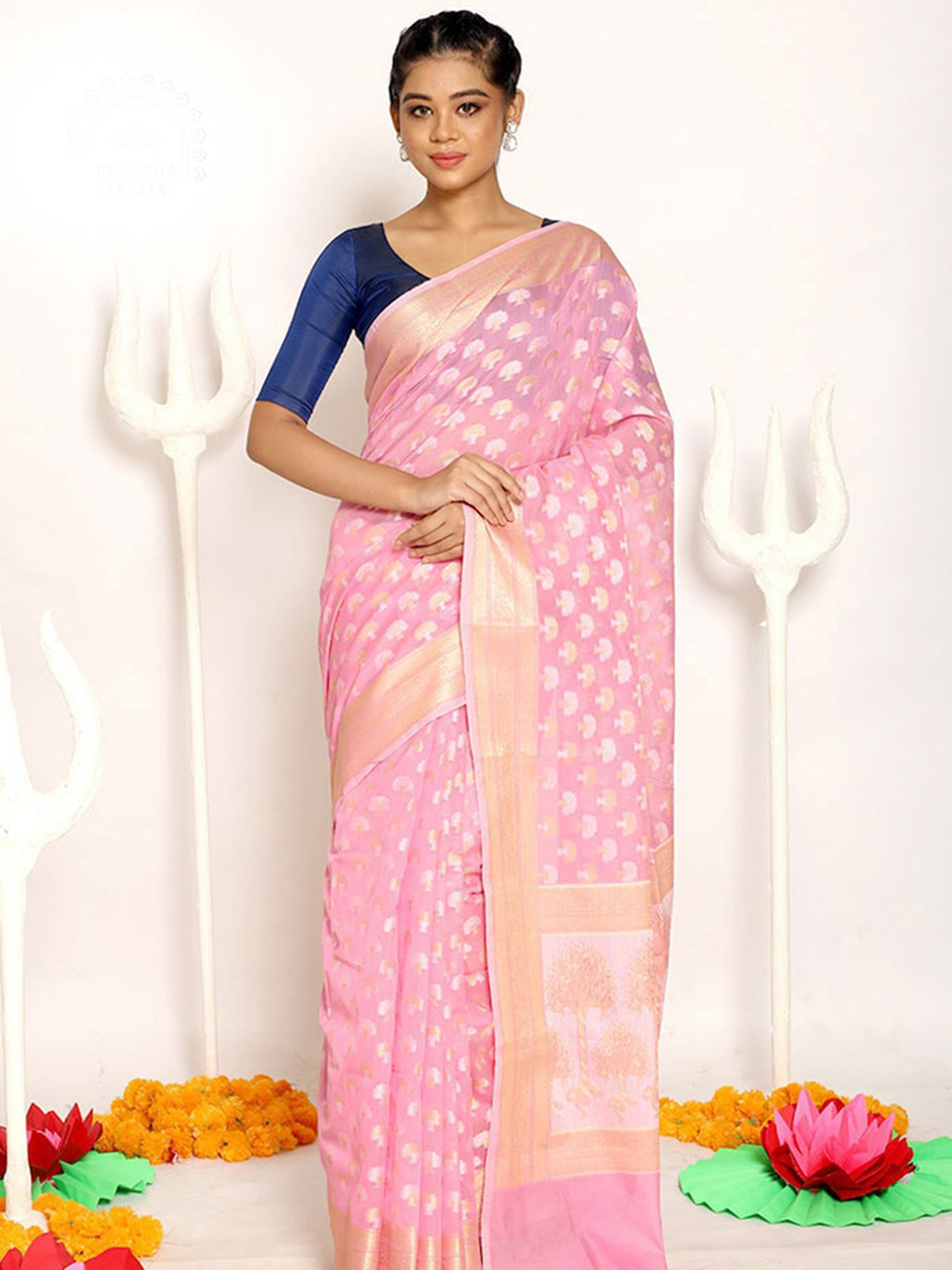 

AllSilks Pink Floral Zari Silk Blend Saree