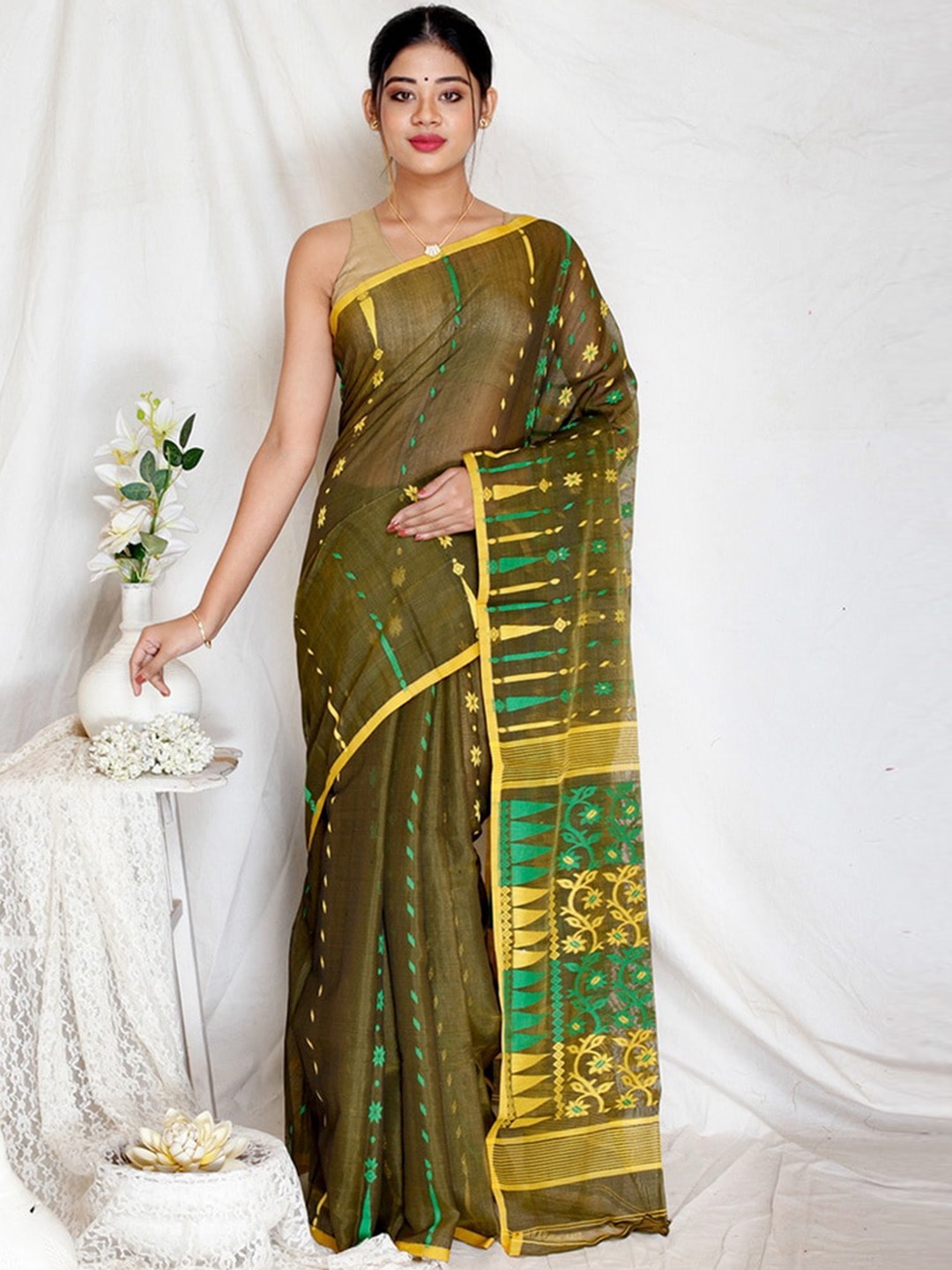 

AllSilks Olive Green & Yellow Ethnic Motifs Pure Cotton Jamdani Saree