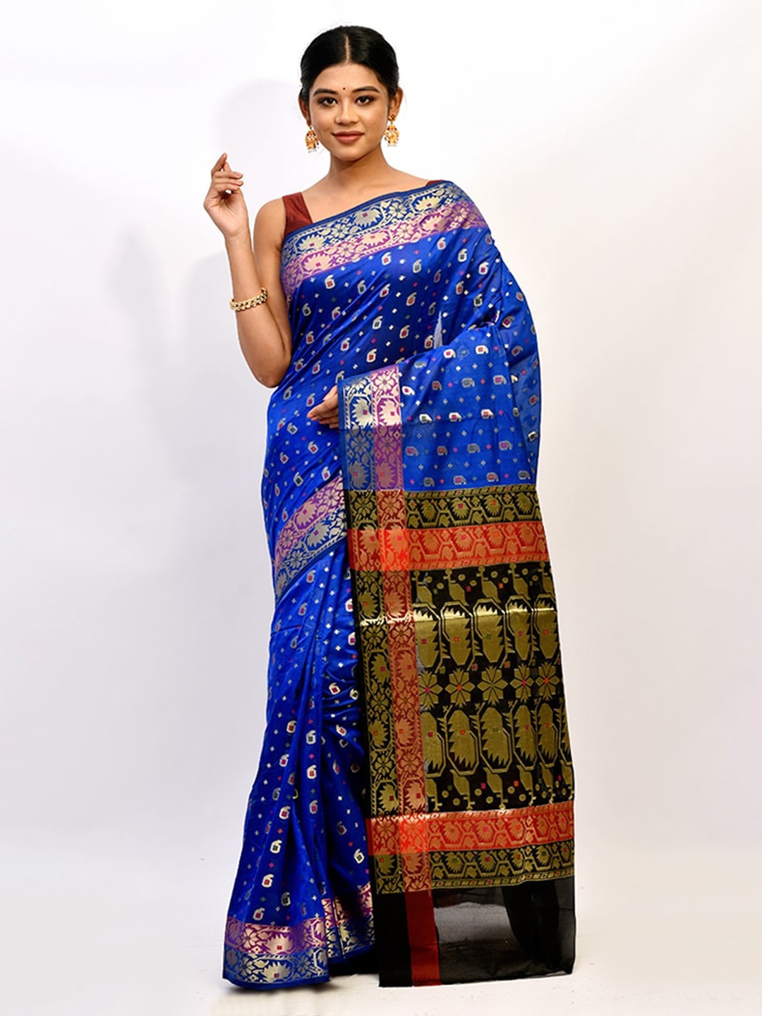 

AllSilks Blue & Gold-Toned Woven Design Silk Blend Saree