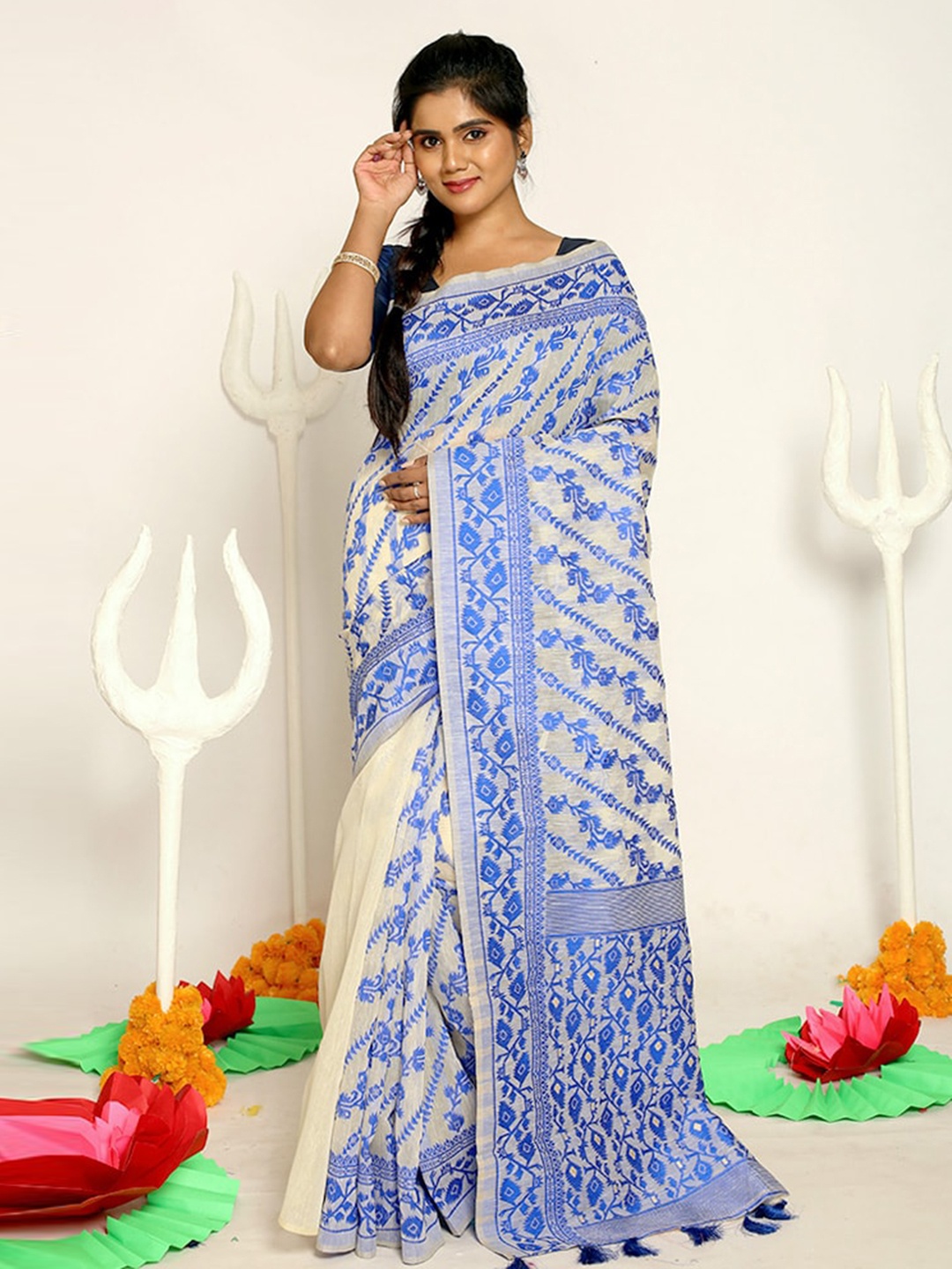 

AllSilks Cream-Coloured & Blue Ethnic Motifs Saree