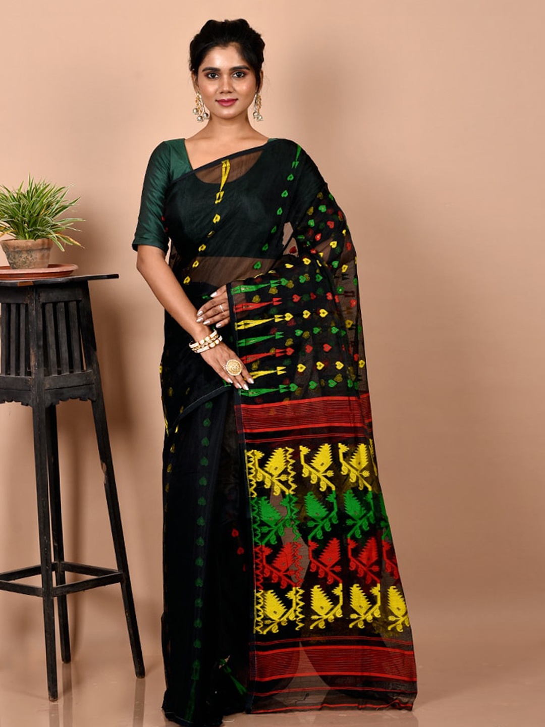 

AllSilks Black Woven Design Taant Saree
