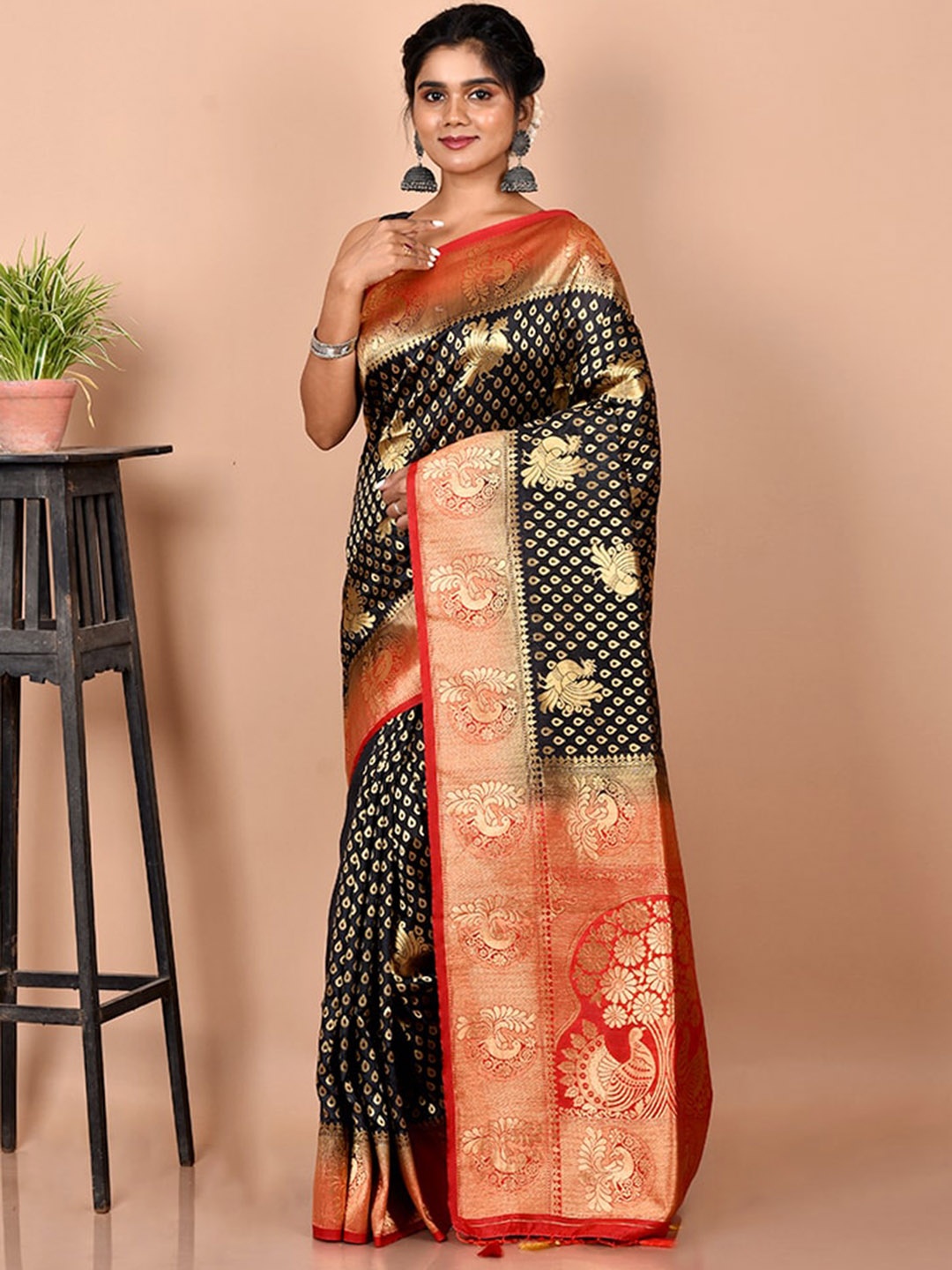

AllSilks Black & Red Ethnic Motifs Zari Silk Blend Saree