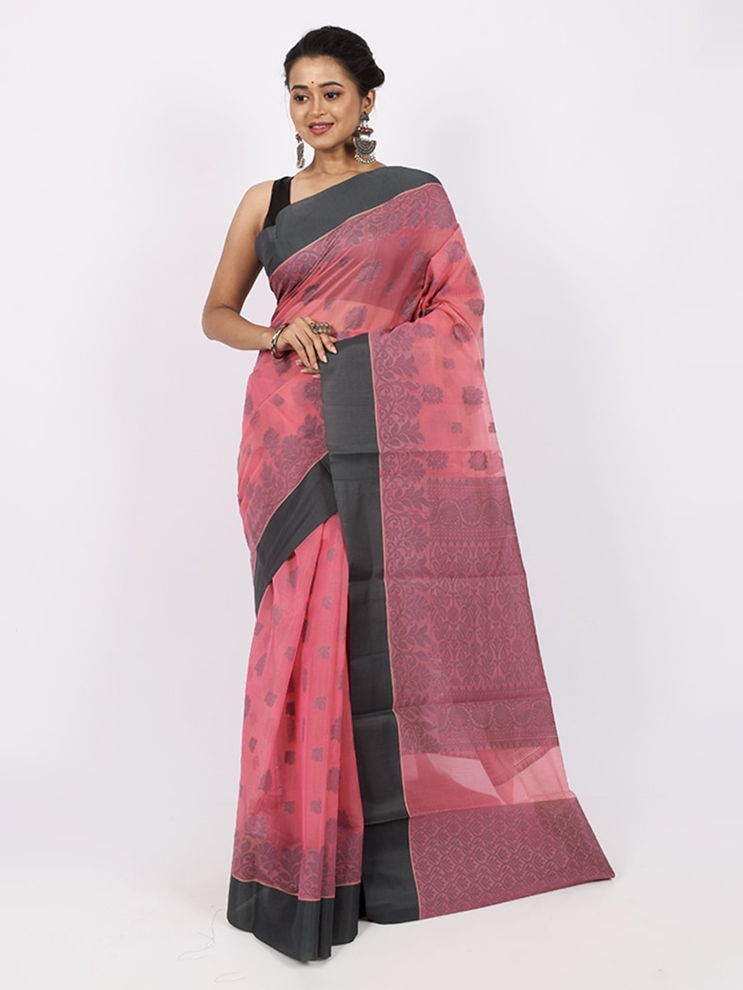 

AllSilks Pink & Grey Ethnic Motifs Saree