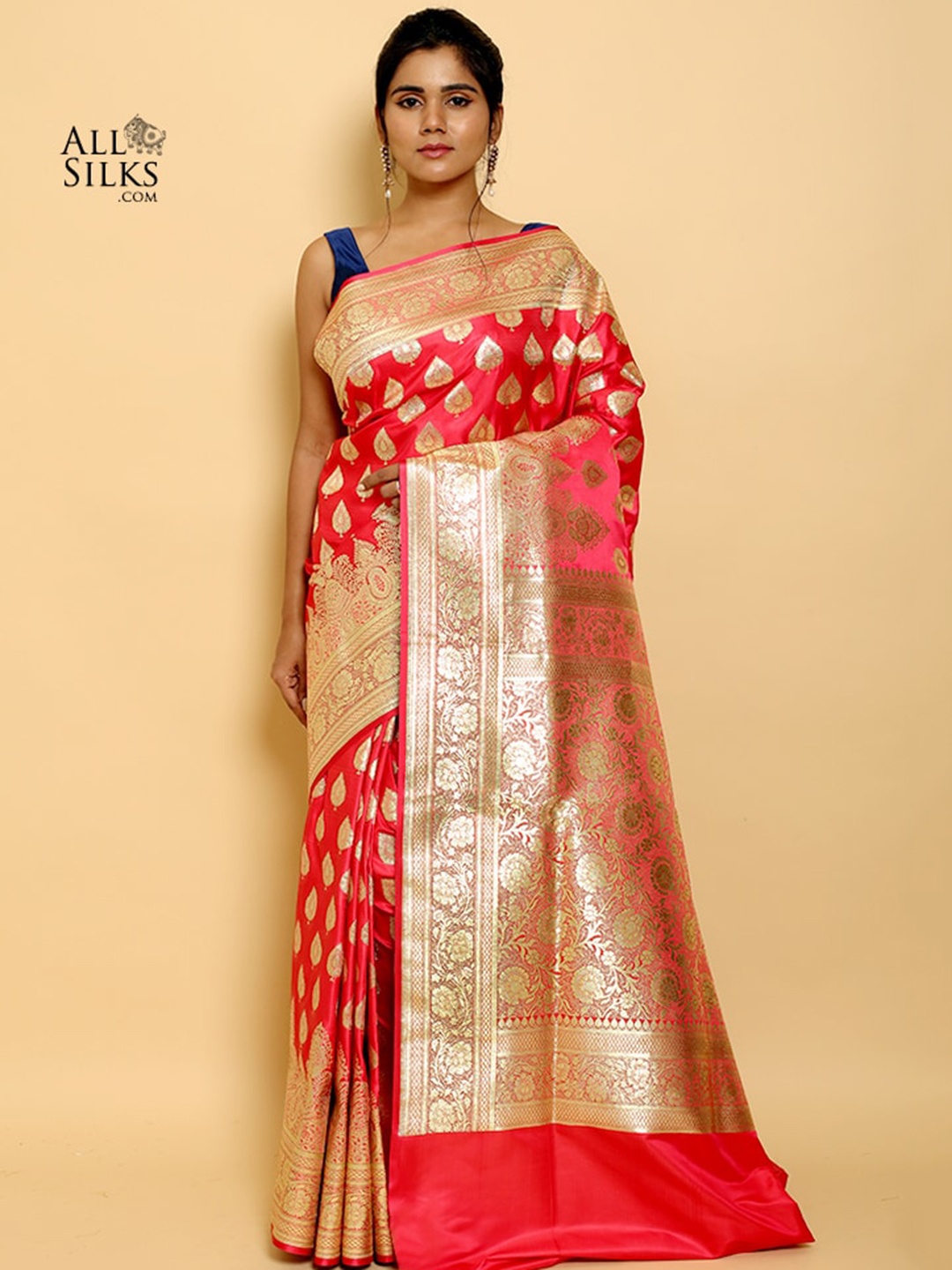 

AllSilks Pink & Gold-Toned Ethnic Motifs Silk Blend Banarasi Saree