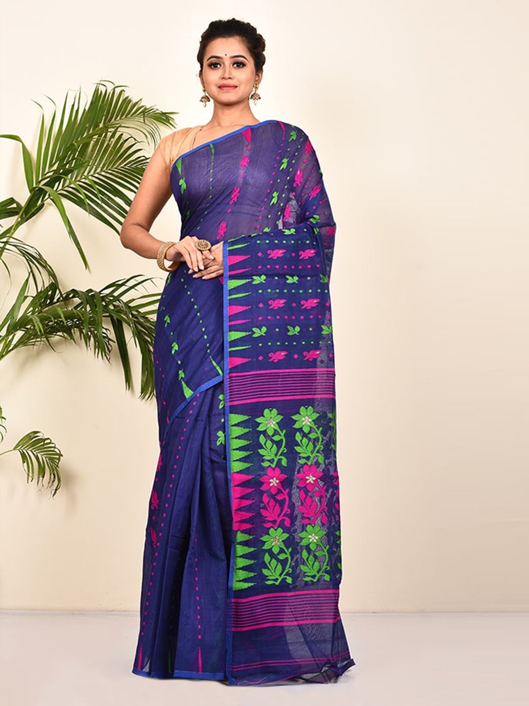 

AllSilks Navy Blue Ethnic Motifs Taant Saree