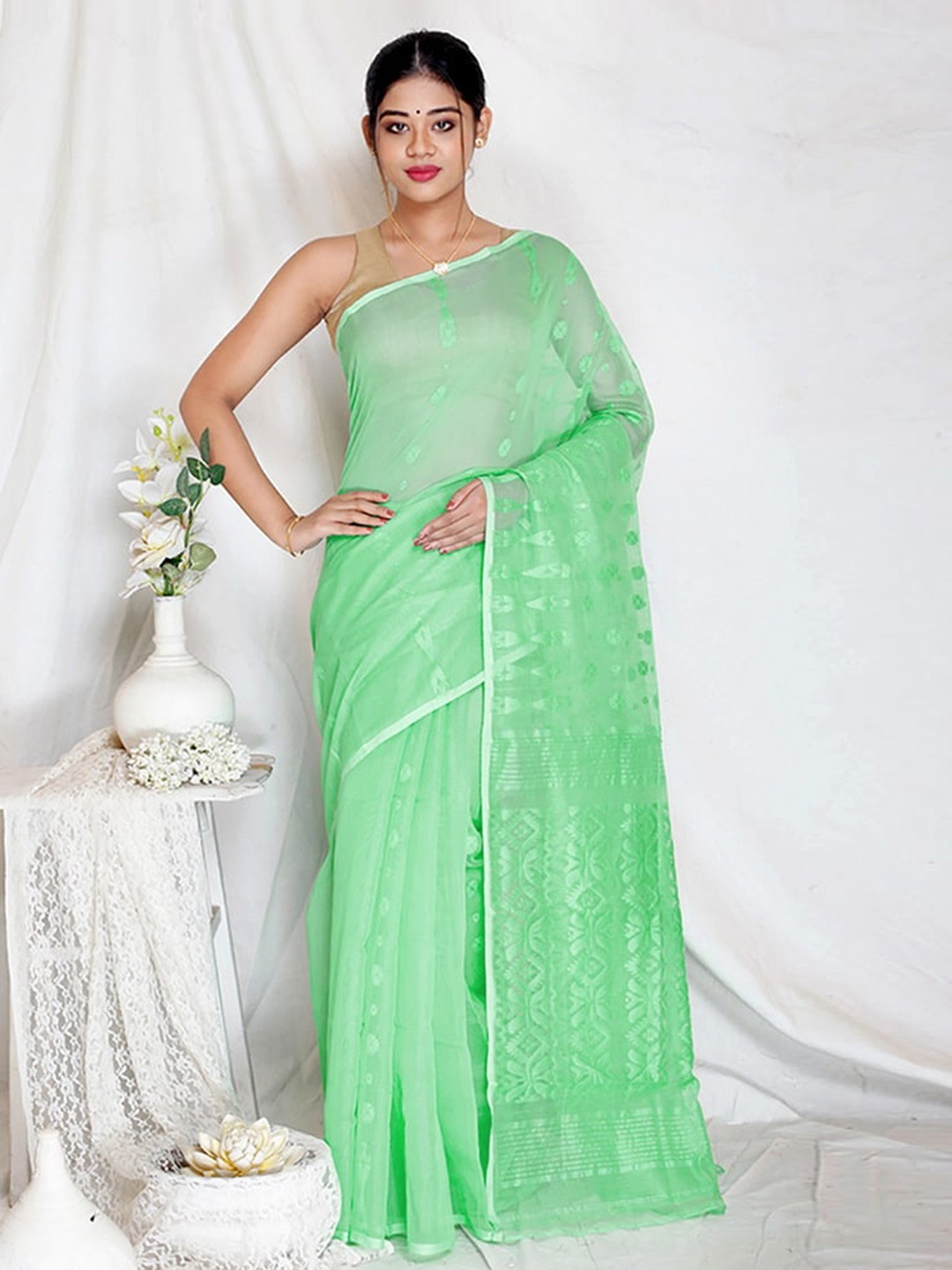 

AllSilks Green Ethnic Motifs Pure Cotton Taant Saree