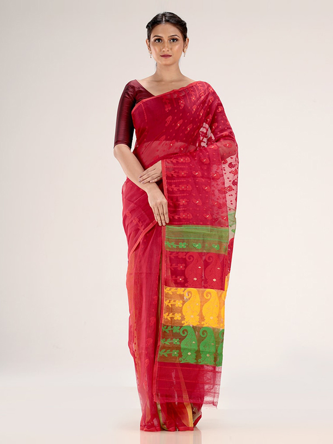 

AllSilks Red Ethnic Motifs Taant Saree