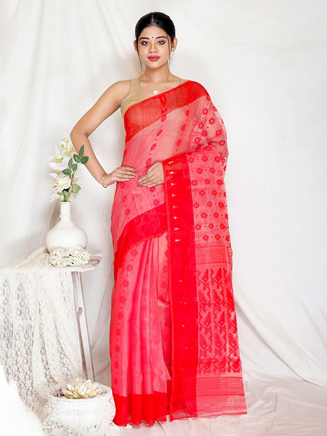 

AllSilks Pink Floral Taant Saree